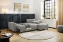Modernes graues Schlafsofa im Wohnzimmer mit Teppich, Stehlampe, Pflanzen und grou00dfen Fenstern bei Tageslicht.