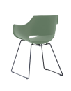 Moderner grüner Designstuhl mit Armlehnen und Metallgestell, ideal für Büro oder Esszimmer, minimalistisch.