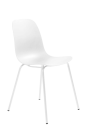 Moderner weißer Stuhl mit ergonomischer Sitzschale und schlanken Metallbeinen auf weißem Hintergrund.