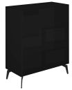 Schwarze Kommode mit vier Schubladen und modernen Metallfüßen, minimalistisches Design, Möbel für Schlafzimmer.