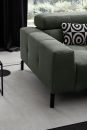 Modernes, grünes Sofa mit schwarzem und weißem Zierkissen im Wohnzimmer vor großem Fenster und Naturblick.
