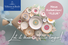 Strauß aus buntem Porzellan-Geschirr der Villeroy & Boch Kollektion „Fleur“ auf pastellfarbenem Hintergrund.