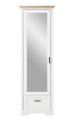 Weißer Kleiderschrank mit Spiegel, Holzakzent oben, einer Tür und Schublade, moderner Landhausstil.