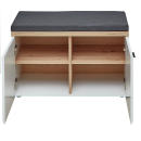 Moderne Sitzbank mit grauem Polster, offenen Fächern und weißen Seiten, ideal für Flur oder Garderobe.