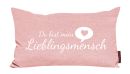 Rosa Kissen mit weißem Schriftzug „Du bist mein Lieblingsmensch“ und Herz-Symbol, Geschenkidee.