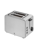 Silberner WMF-Toaster aus Edelstahl mit zwei Schlitzen, Bedientasten und Bräunungsregler, modern und elegant.