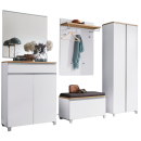 Modernes Flur-Garderobenset in Weiß mit Spiegel, Schuhschrank, Sitzbank, Kleiderhaken und Hochschrank.