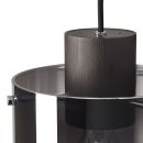 Moderne Hängelampe aus schwarzem Metall und Glas, zylindrische Form, Detailansicht der Aufhängung.