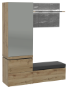 Moderner Garderobenschrank aus Holz mit Spiegel, Sitzbank, Schubladen und grauer Wandpaneele.