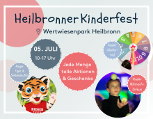 Buntes Werbebild zum Heilbronner Kinderfest am 5. Juli im Wertwiesenpark mit Aktionen wie Glücksrad, Mitmach-Zirkus und Rieger Tiger.
