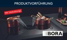 Kupferkochtöpfe auf BORA Kochfeld mit Dunstabzug, Fleisch und Gemüse, Produktvorführung mit Verkostung.