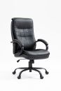 Schwarzer ergonomischer Bürostuhl aus Leder mit Armlehnen und Rollen, höhenverstellbar, auf weißem Hintergrund.