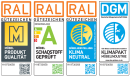 Vier Gütesiegel für Möbel: RAL Produktqualität, Schadstoff geprüft, klimaneutrale Herstellung, DGM Klimapakt.