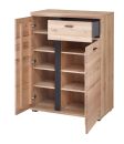 Moderner Holzschrank mit offener Doppeltür, Schublade und mehreren Regalfächern, Eiche-Optik, Stauraum Möbel.