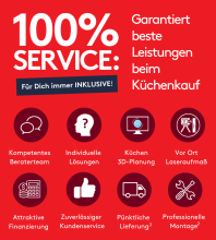Grafik mit Text: „100% Service – Für Dich immer inklusive!“ und Symbolen für Beratung, 3D-Planung, Aufmass, Lieferung, Montage, Finanzierung und Kundenservice. Grafik mit Text: „100% Service – Für Dich immer inklusive!“ und Symbolen für Beratung, 3D-Planung, Aufmass, Lieferung, Montage, Finanzierung und Kundenservice.