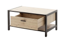 Moderner Couchtisch aus Holz mit schwarzem Metallrahmen und offener Schublade, Industrial Design.