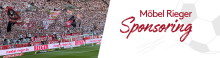 Voll besetztes Fussballstadion mit Möbel Rieger Werbebanden, daneben Schriftzug „Sponsoring“ mit Fussballgrafik.