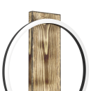 Moderne LED-Stehlampe aus Holz mit rundem, leuchtendem Ring und natürlicher Holzmaserung.