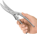 Hand hält silberne Geflügelschere aus Edelstahl, ideal zum Schneiden von Fleisch und Geflügel in der Küche.