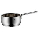 Edelstahl-Stielkasserolle von WMF, glänzend, mit langem Griff, ideal zum Kochen und Erwärmen von Speisen.
