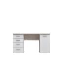 Moderner Schreibtisch mit vier Schubladen und einer Tür, Holzoptik, weiß, ideal für Büro oder Homeoffice.