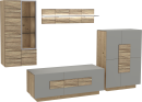 Moderne Wohnwand aus Holz und Grau mit Vitrine, TV-Board, Hängeschrank und Regal, minimalistisches Design.