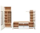 Moderne Wohnwand aus Holz und Weiß mit offenen Regalen, Schubladen und Stauraum, ideal für Wohnzimmer.