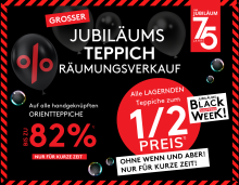 Werbegrafik zum Jubiläums-Teppichräumungsverkauf mit Rabatten bis 82 % und Teppichen zum halben Preis.
