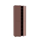 Brauner Eckschrank mit offenen Türen, mehreren Einlegeböden und modernem Design, ideal für Wohnzimmer-Aufbewahrung.