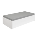 Modernes Einzelbett mit weißem Rahmen und grauer Matratze, minimalistisches Design, Schlafzimmermöbel.