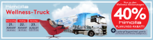Werbebanner für den himolla Wellness-Truck mit rotem Rabattkreis „40 % himolla PLANUNGS-RABATT!“, Termin: 21.–23. August, inkl. Lederpflegemittel-Aktion.