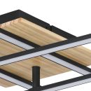 Moderne Deckenleuchte aus Holz und Metall mit LED-Streifen, rechteckiges Design, Nahaufnahme.