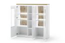 Weißes Highboard mit Glastüren, LED-Beleuchtung, Holzdekor und Glasböden, modern und geräumig für Wohnzimmer.