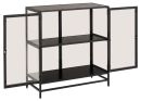 Schwarzes Metallregal mit zwei Glastüren, zwei Einlegeböden, modernem Design, ideal als Wohnzimmer-Vitrine.