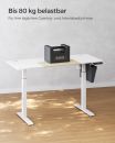 Höhenverstellbarer Schreibtisch in Weiß, belastbar bis 80 kg, mit Gewicht auf der Tischplatte, ideal fürs Homeoffice.