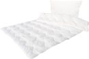 Weiße Bettdecke mit Kissen, gesteppte Oberfläche, gemütliche Bettwäsche für Schlafzimmer, hochwertige Schlaftextilien