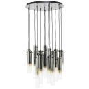 Moderne Hängelampe mit mehreren Glasröhren, schwarzem Baldachin und warmem Licht, Design-Deckenleuchte.