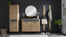Schmaler, moderner Holzschrank mit mehreren Türen und Schublade, Stauraum für Wohnzimmer oder Büro, Eichenoptik.