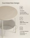 Runder Beistelltisch aus Holz mit Ablage, Haken und U-förmigen Stahlbeinen, modernes und funktionales Design.