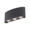 Moderne LED-Außenwandleuchte in Schwarz mit drei runden Lichtquellen, energiesparend und wetterfest.