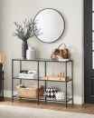 Modernes Regal aus schwarzem Metall mit drei Glasböden, ideal als Wohnzimmerregal oder Sideboard.