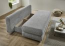 Graues Schlafsofa mit ausgeklappter Liegefläche und Bettkasten in modernem Wohnzimmer mit Holzboden.