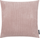 Rosa Kissen mit weichem, geripptem Samtbezug, quadratisch, modernes Wohnaccessoire für Sofa oder Bett.