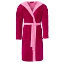 Flauschiger Damen-Bademantel in Pink mit Kapuze, Bindegu00fcrtel und aufgesetzten Taschen aus weichem Frottee-Stoff.
