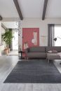Modernes Wohnzimmer mit grauem Sofa, Teppich, Makramee-Deko, Zimmerpflanze und großen Fenstern.