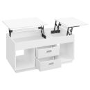 Weißer Couchtisch mit zwei ausklappbaren Tischplatten, offenen Fächern und zwei Stoffschubladen, modern und funktional.