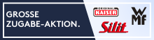 Werbebanner zur grossen Zugabe-Aktion mit Logos von Kaiser, WMF und Silit auf hellem Hintergrund und grossem Textfeld links. Kein weiteres Datum oder Text angegeben.  