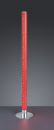 Moderne LED-Stehlampe mit rotem Leuchteffekt, zylindrischem Design und silbernem Standfuß vor dunklem Hintergrund.