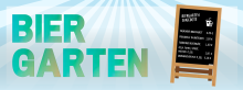 Werbegrafik mit dem Schriftzug „BIERGARTEN“, im Hintergrund aufgereihte Biertische und Bänke, im Vordergrund eine Tafel mit Speise- und Getränkepreisen, darunter Thüringer Bratwurst, Rostbrätl, Softdrinks und Bier.