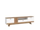 Modernes TV-Lowboard aus Holz in Weiß und Eiche-Optik mit Schubladen, offenen Fächern und dekorativen Fronten.